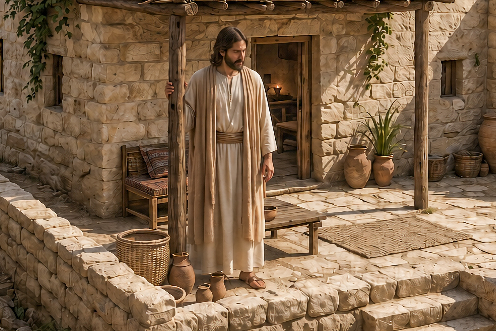 Jesus stands alone in front of Mary and Martha’s Bethany house.